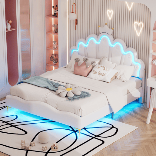 Cama de criança 140x200cm com LED - cama de princesa com almofada de pele sintética - Branco