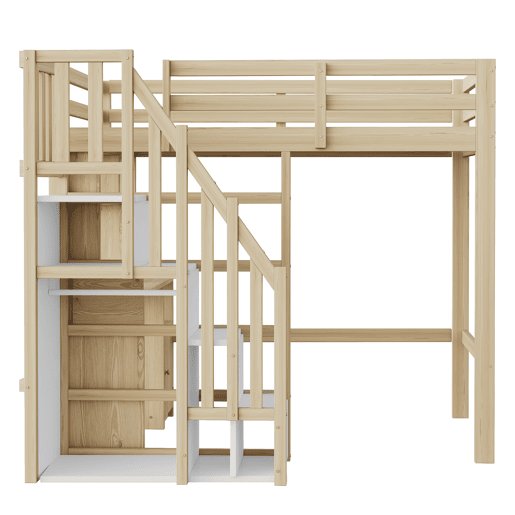 Cama loft 90x200 cm - Secretária com prateleiras e armários, escada de segurança com arrumação - Cor madeira