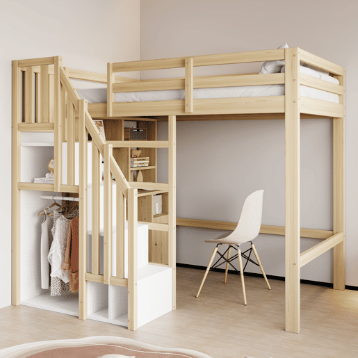 Cama loft 90x200 cm - Secretária com prateleiras e armários, escada de segurança com arrumação - Cor madeira