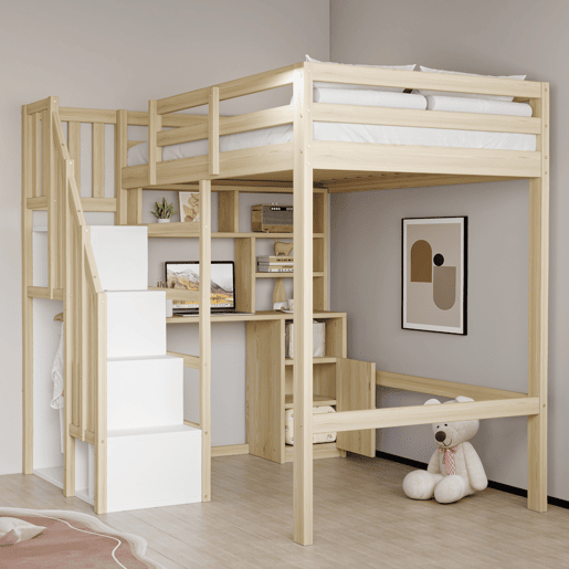 Cama loft 90x200 cm - Secretária com prateleiras e armários, escada de segurança com arrumação - Cor madeira