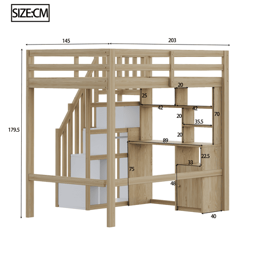 Cama loft 90x200 cm - Secretária com prateleiras e armários, escada de segurança com arrumação - Cor madeira