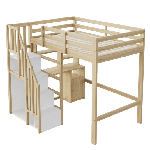 Cama loft 90x200 cm - Secretária com prateleiras e armários, escada de segurança com arrumação - Cor madeira