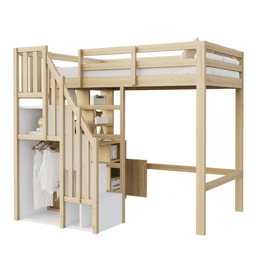 Cama loft 90x200 cm - Secretária com prateleiras e armários, escada de segurança com arrumação - Cor madeira