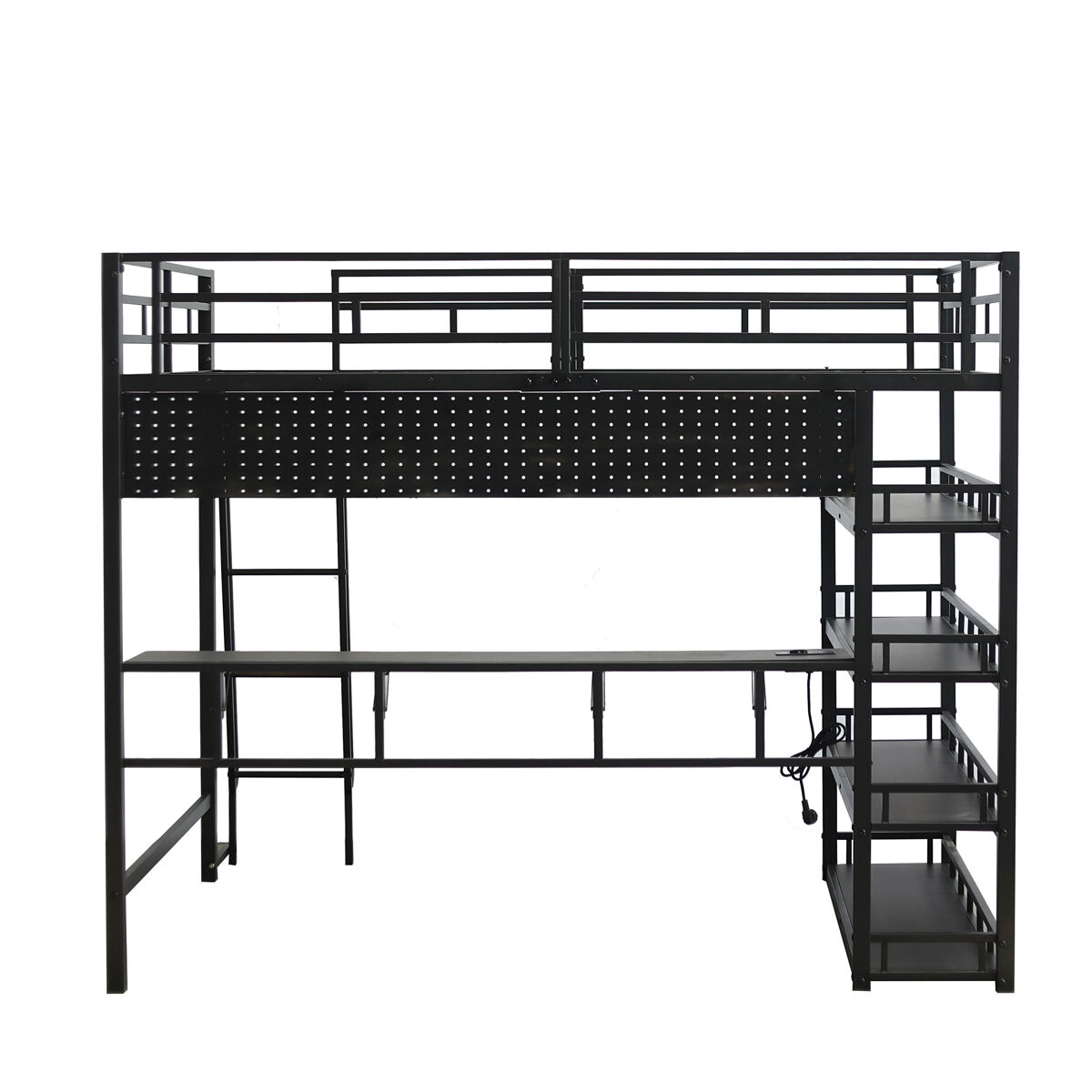 Cama loft 140x200 cm - con estantes, mucho almacenamiento, con puerto de carga, escalera inclinada - negro