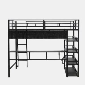 Cama loft 140x200 cm - Com prateleiras, muito espaço de armazenamento, porta de carregamento, escada inclinada - Preto
