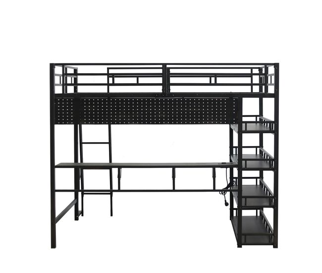 Cama loft 140x200 cm - con estantes, mucho almacenamiento, con puerto de carga, escalera inclinada - negro