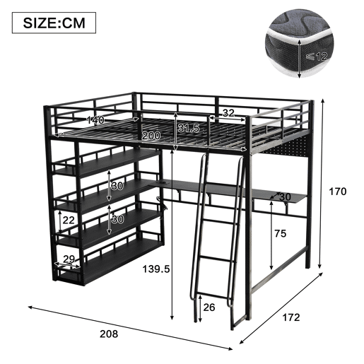 Cama loft 140x200 cm - Com prateleiras, muito espaço de armazenamento, porta de carregamento, escada inclinada - Preto