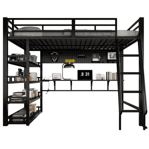 Cama loft 140x200 cm - Com prateleiras, muito espaço de armazenamento, porta de carregamento, escada inclinada - Preto