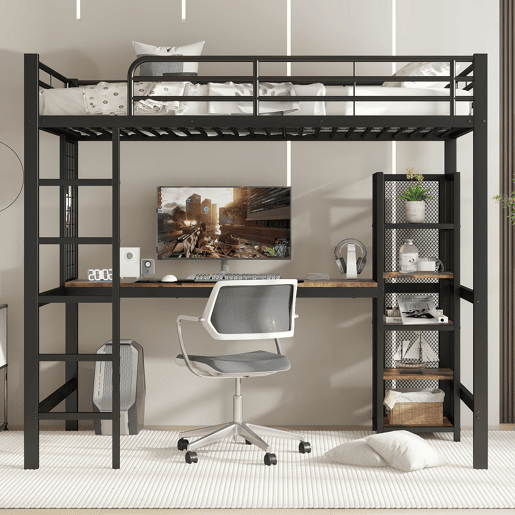 Cama alta 90x200 - Cama de ferro com secretária e estante múltipla, grade e escada robusta - Preto + Madeira escura