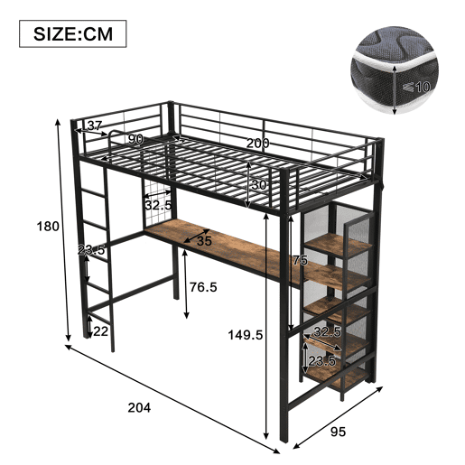 Cama alta 90x200 - Cama de ferro com secretária e estante múltipla, grade e escada robusta - Preto + Madeira escura