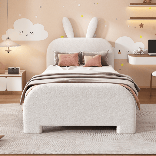 Cama plana 90x200 cm - Acolchoada, resistente à lã de ovelha, em forma de coelho, 2 gavetas - Branca