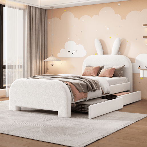 Cama plana 90x200 cm - Acolchoada, resistente à lã de ovelha, em forma de coelho, 2 gavetas - Branca