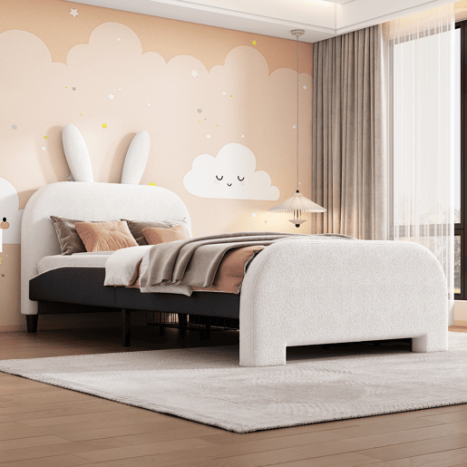 Cama plana 90x200 cm - Acolchoada, resistente à lã de ovelha, em forma de coelho, 2 gavetas - Branca