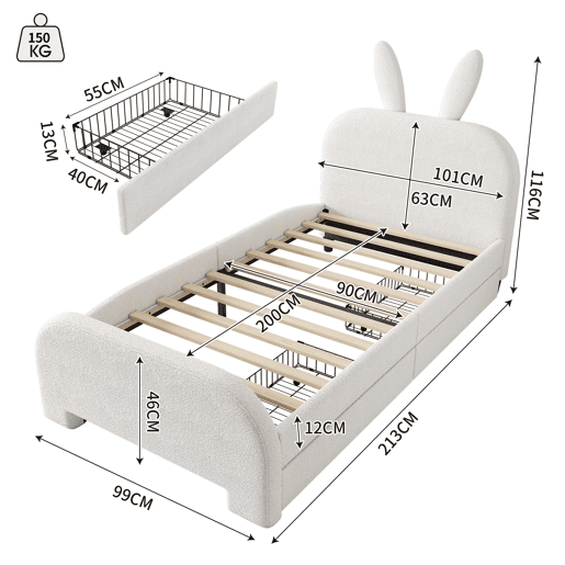 Cama plana 90x200 cm - Acolchoada, resistente à lã de ovelha, em forma de coelho, 2 gavetas - Branca