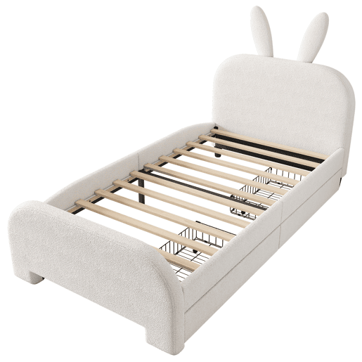 Cama plana 90x200 cm - Acolchoada, resistente à lã de ovelha, em forma de coelho, 2 gavetas - Branca