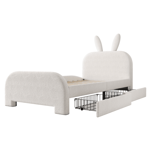 Cama plana 90x200 cm - Acolchoada, resistente à lã de ovelha, em forma de coelho, 2 gavetas - Branca