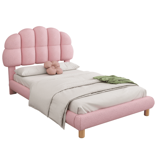 Cama individual 90x200 cm - Cama infantil, cama juvenil, cama estofada, com estrado de ripas de madeira - Rosa