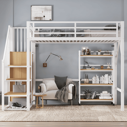 Cama de ferro 90x200 cm - Beliche, prateleira de 4 níveis com rodas, grade de segurança, armário com cabideiro - Branco + Natural