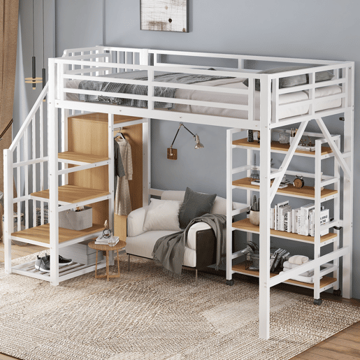 Cama de ferro 90x200 cm - Beliche, prateleira de 4 níveis com rodas, grade de segurança, armário com cabideiro - Branco + Natural
