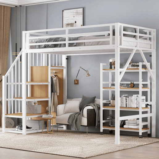 Cama de ferro 90x200 cm - Beliche, prateleira de 4 níveis com rodas, grade de segurança, armário com cabideiro - Branco + Natural