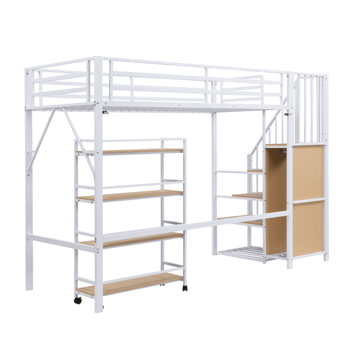 Cama de ferro 90x200 cm - Beliche, prateleira de 4 níveis com rodas, grade de segurança, armário com cabideiro - Branco + Natural