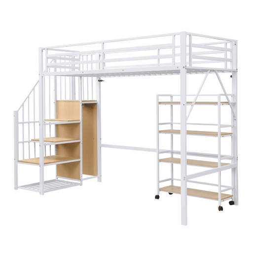 Cama de ferro 90x200 cm - Beliche, prateleira de 4 níveis com rodas, grade de segurança, armário com cabideiro - Branco + Natural