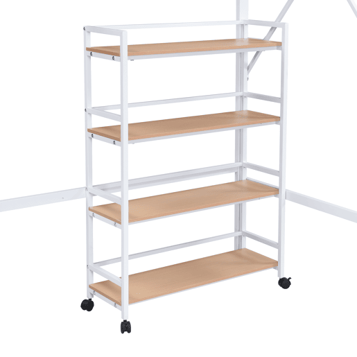 Cama de ferro 90x200 cm - Beliche, prateleira de 4 níveis com rodas, grade de segurança, armário com cabideiro - Branco + Natural