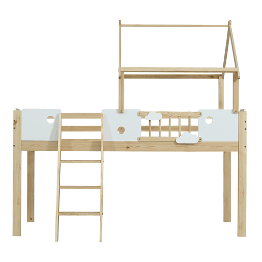 Cama alta 90x200cm - Com proteção contra quedas, design de teto, escada de 3 degraus - Branco + Natural
