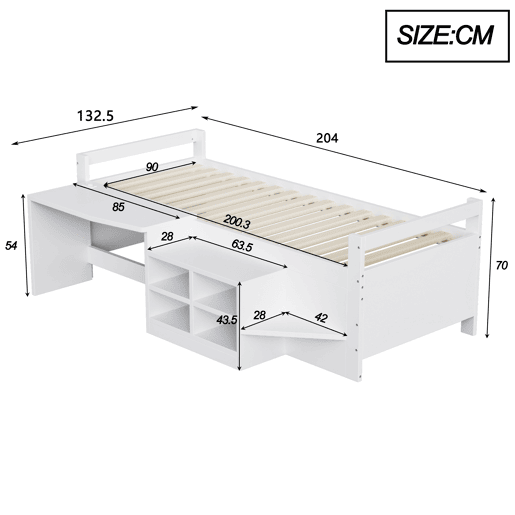 Cama infantil 90x200 cm - Com arrumação, secretária com tomadas, cama individual, madeira, branca