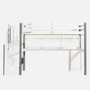 Cama semi-alta 90x200cm - Com caixa de armazenamento em tecido, secretária com prateleiras e armários, escada lateral - Branco+Cinza