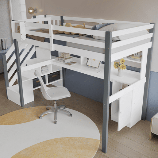 Cama semi-alta 90x200cm - Com caixa de armazenamento em tecido, secretária com prateleiras e armários, escada lateral - Branco+Cinza
