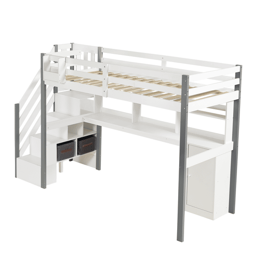 Cama semi-alta 90x200cm - Com caixa de armazenamento em tecido, secretária com prateleiras e armários, escada lateral - Branco+Cinza
