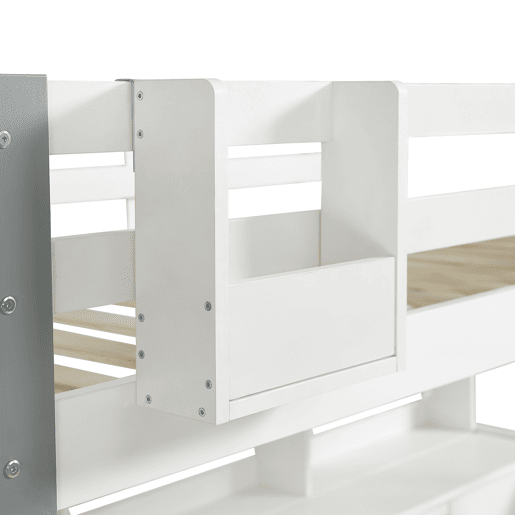 Cama semi-alta 90x200cm - Com caixa de armazenamento em tecido, secretária com prateleiras e armários, escada lateral - Branco+Cinza