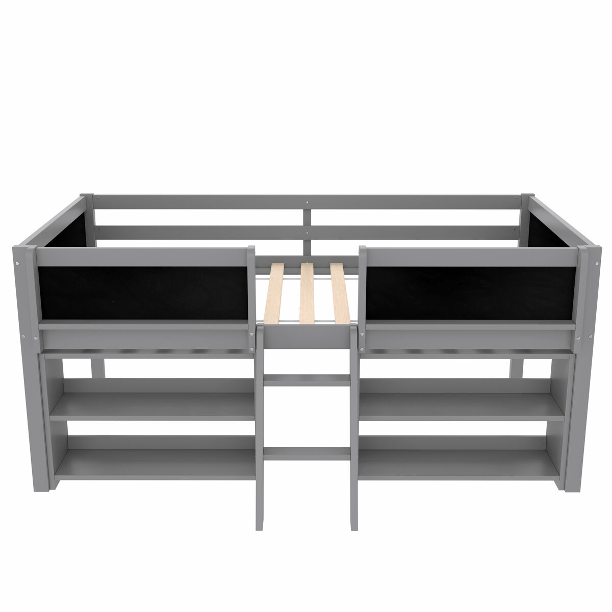 Cama semi alta 90x200 cm - estantes de almacenamiento, barandilla, escalera, estilo minimalista, gris