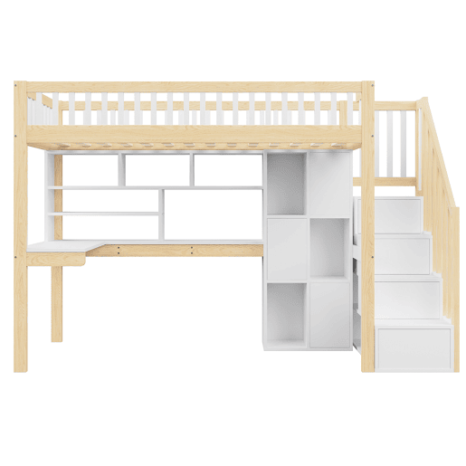 Cama alta 90x200 cm - LED, escada com prateleiras, secretária e arrumação - BrancoNatural