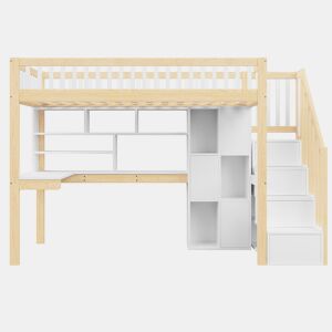Cama alta 90x200 cm - LED, escada com prateleiras, secretária e arrumação - BrancoNatural