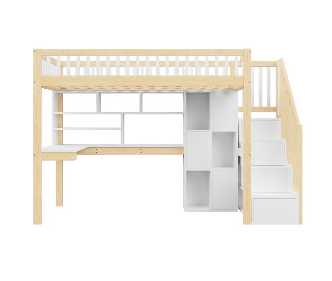 Cama alta 90x200 cm - led, escalera con estantes, escritorio y almacenamiento - blanco/natural