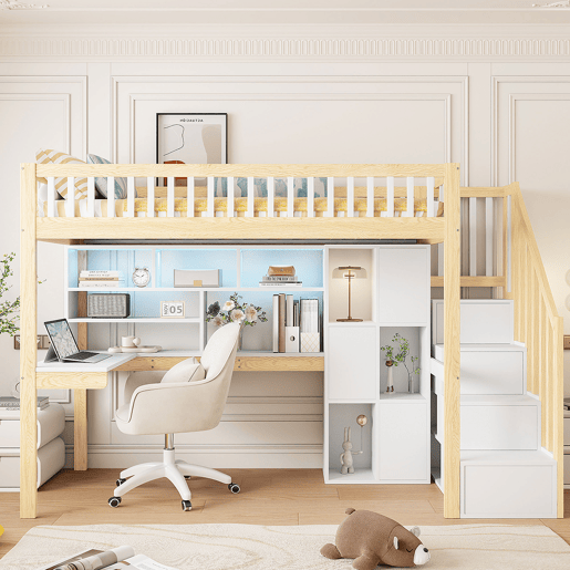 Cama alta 90x200 cm - LED, escada com prateleiras, secretária e arrumação - BrancoNatural