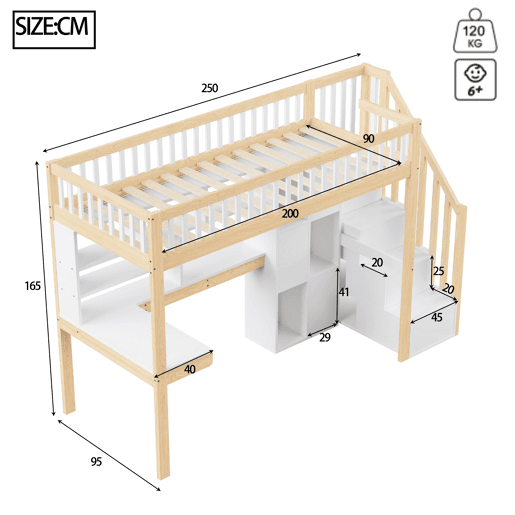 Cama alta 90x200 cm - LED, escada com prateleiras, secretária e arrumação - BrancoNatural
