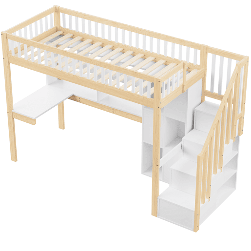 Cama alta 90x200 cm - LED, escada com prateleiras, secretária e arrumação - BrancoNatural
