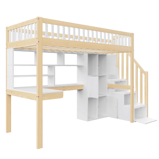 Cama alta 90x200 cm - LED, escada com prateleiras, secretária e arrumação - BrancoNatural