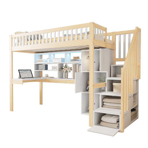 Cama alta 90x200 cm - LED, escada com prateleiras, secretária e arrumação - BrancoNatural