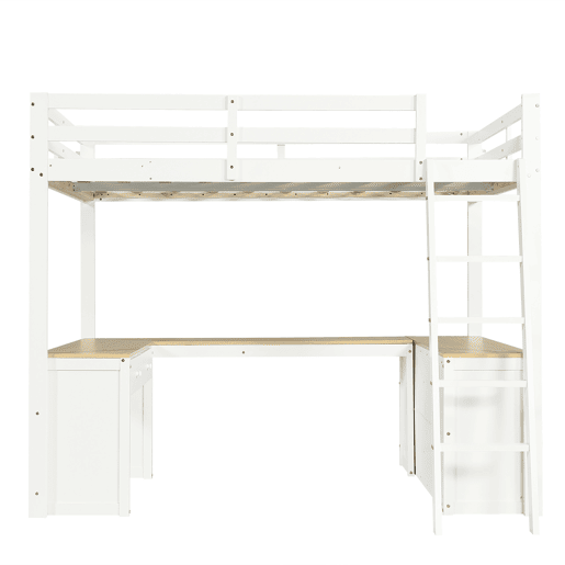 Cama loft 140x200 cm - Mesa em U com duas gavetas e prateleira - Branco+Natural Cama loft 140x200 cm - Mesa em U com duas gavetas e prateleira - Branco+Natural