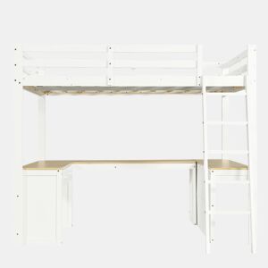 Cama loft 140x200 cm - Mesa em U com duas gavetas e prateleira - Branco+Natural
