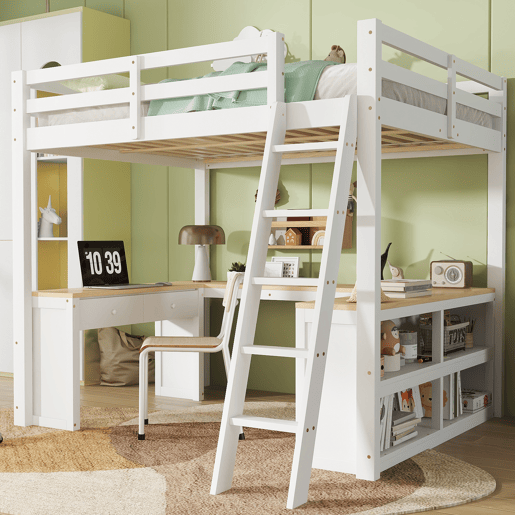 Cama loft 140x200 cm - Mesa em U com duas gavetas e prateleira - Branco+Natural Cama loft 140x200 cm - Mesa em U com duas gavetas e prateleira - Branco+Natural