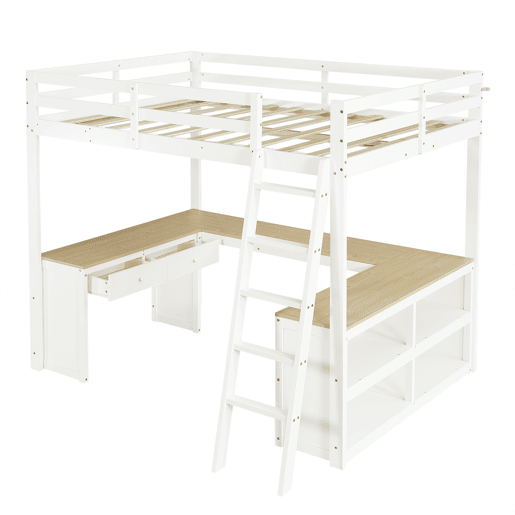 Cama loft 140x200 cm - Mesa em U com duas gavetas e prateleira - Branco+Natural Cama loft 140x200 cm - Mesa em U com duas gavetas e prateleira - Branco+Natural