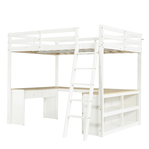 Cama loft 140x200 cm - Mesa em U com duas gavetas e prateleira - Branco+Natural Cama loft 140x200 cm - Mesa em U com duas gavetas e prateleira - Branco+Natural