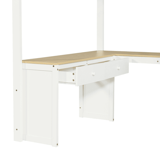 Cama loft 140x200 cm - Mesa em U com duas gavetas e prateleira - Branco+Natural Cama loft 140x200 cm - Mesa em U com duas gavetas e prateleira - Branco+Natural