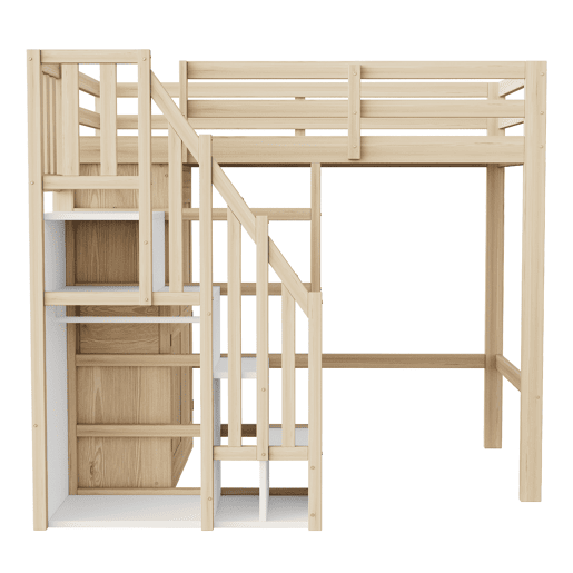 Cama alta 90x200 cm - Com escada de segurança, armário de arrumação - Cor madeira natural