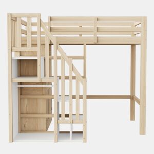 Cama alta 90x200 cm - Com escada de segurança, armário de arrumação - Cor madeira natural